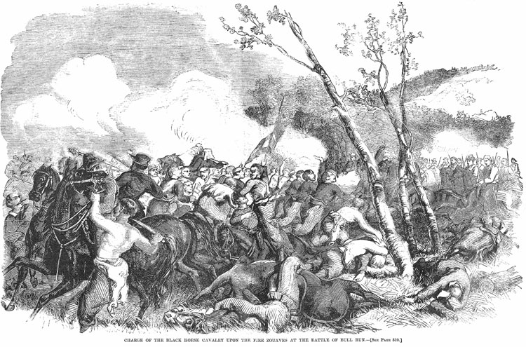 The 11th New York Infantry (a.k.a., the "Fire Zouaves") under attack by the Black Horse Cavalry